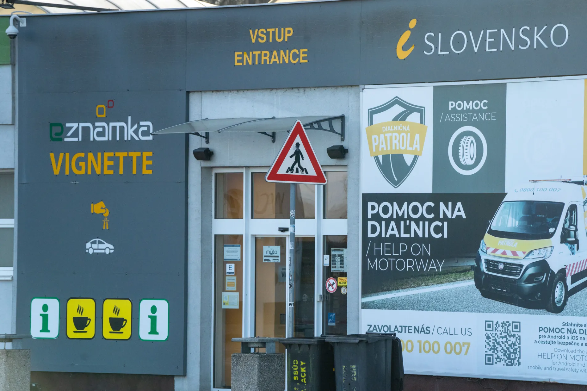 Slovakia Eznamka vignette sales point and Slovensko motorway assistance service centre with Diaľničná Patrola help on motorway sign and info facilities, February 2026